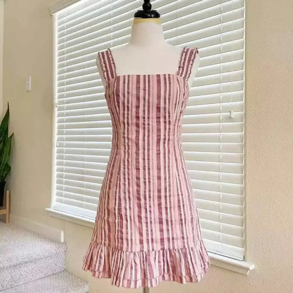 Alexis Womens Brandy Mini Dress Pink Rose Stripe Wide Ruffle Shoulder Medium - Picture 11 of 12